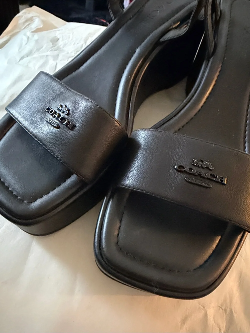 Coach Black Leather Platform Slingback Sandals